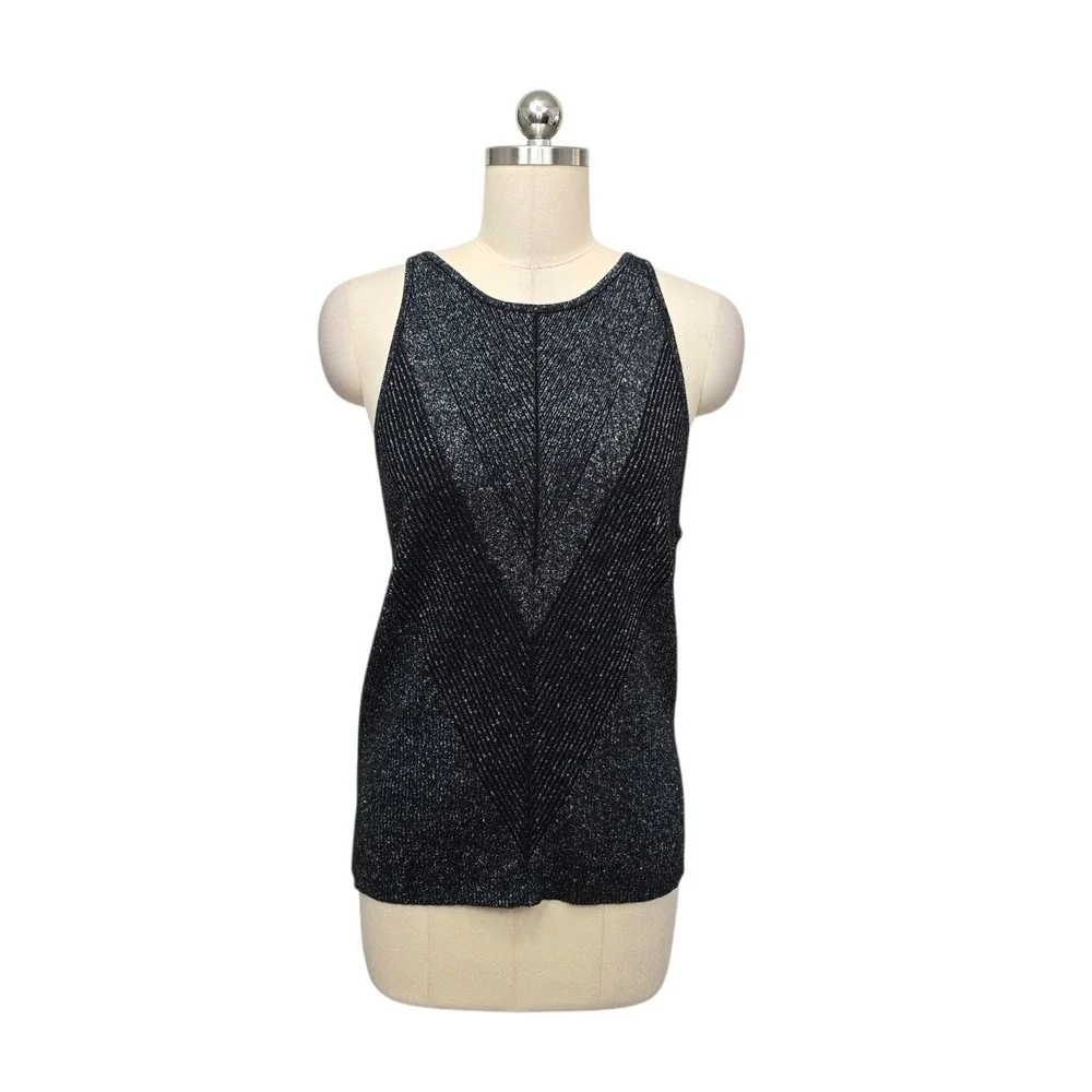 By Anthropologie Womens XL Black Silver Metallic Chevron Ribbed Knit Tank Top - Picture 1 of 8